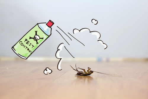 Cartoon Pest Control Can spraying dead cockroach on floor
