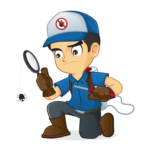 Exterminator looking for bugs through magnifying glass